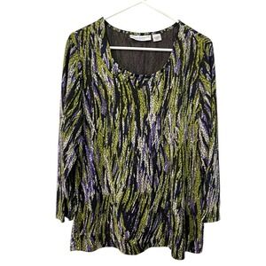 Sag Harbor‎ XL Beaded Neckline Blouse Stretch Artsy Abstract Business Casual